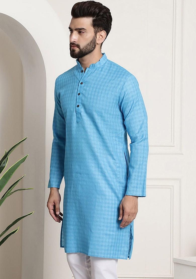 Blue Checked Poly Blend Kurta For Men