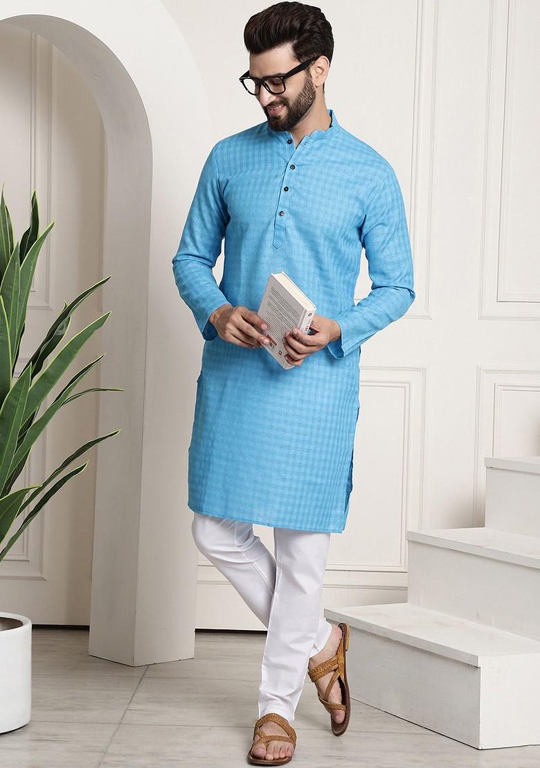 Blue Checked Poly Blend Kurta For Men