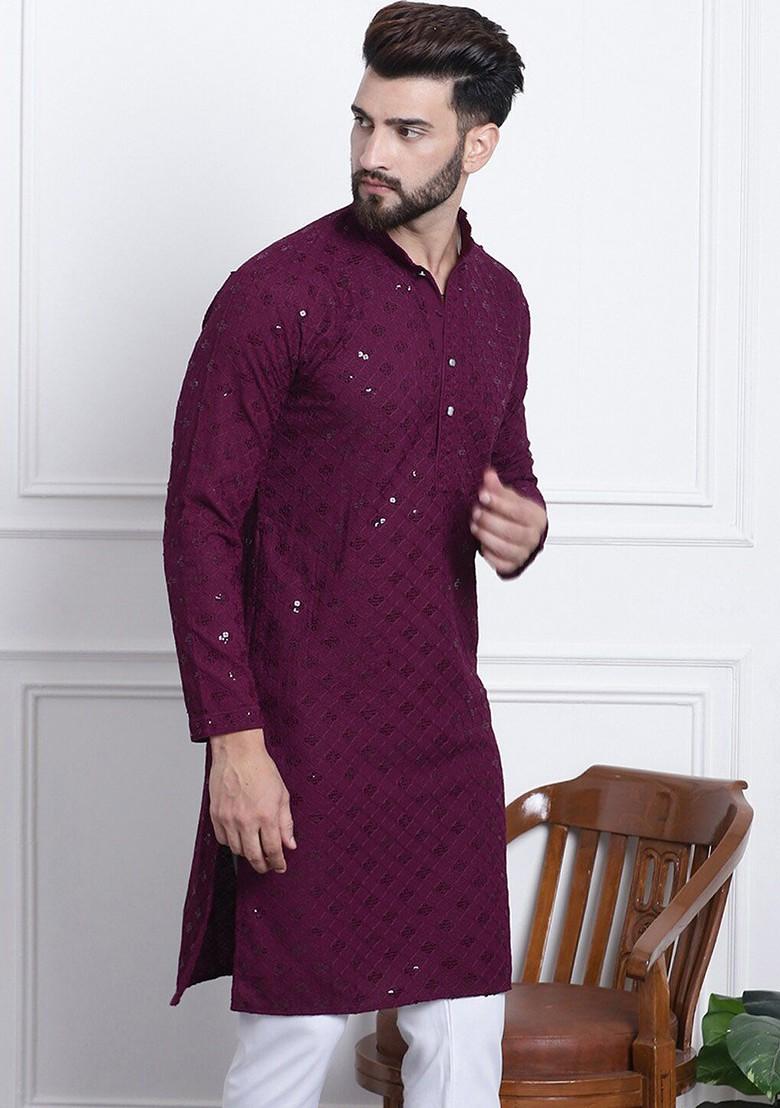 Purple Embellished Cotton Kurta For Men