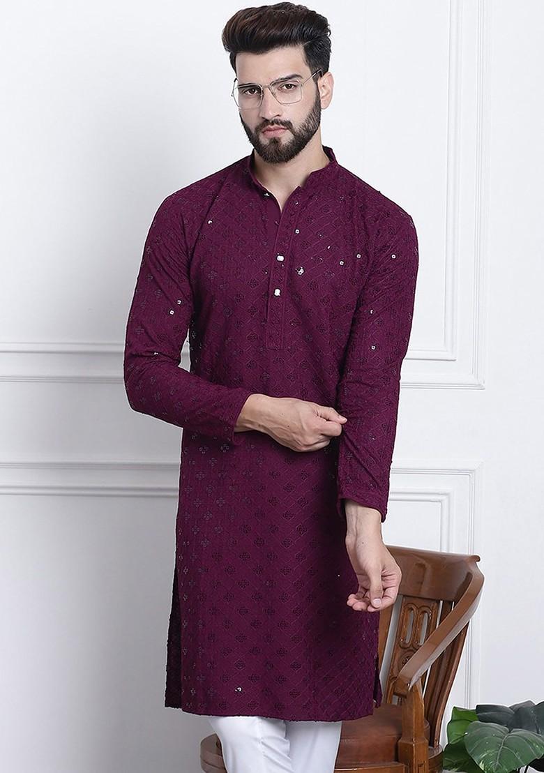 Purple Embellished Cotton Kurta For Men