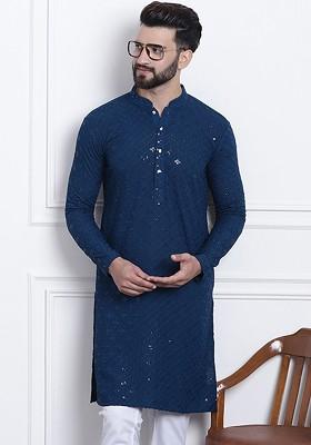Teal Blue Embellished Cotton Kurta For Men