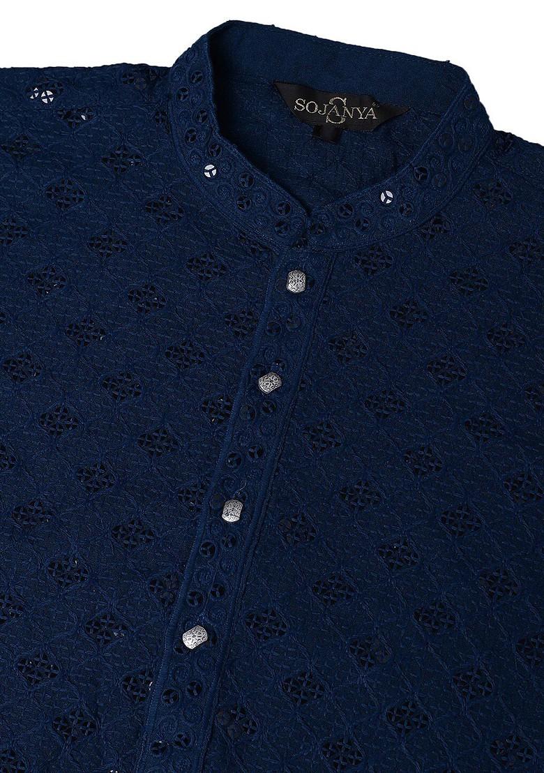 Teal Blue Embellished Cotton Kurta For Men
