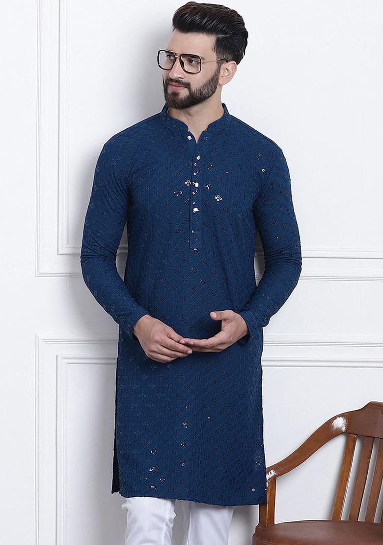 Teal Blue Embellished Cotton Kurta For Men