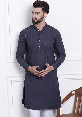Grey Embellished Cotton Kurta For Men