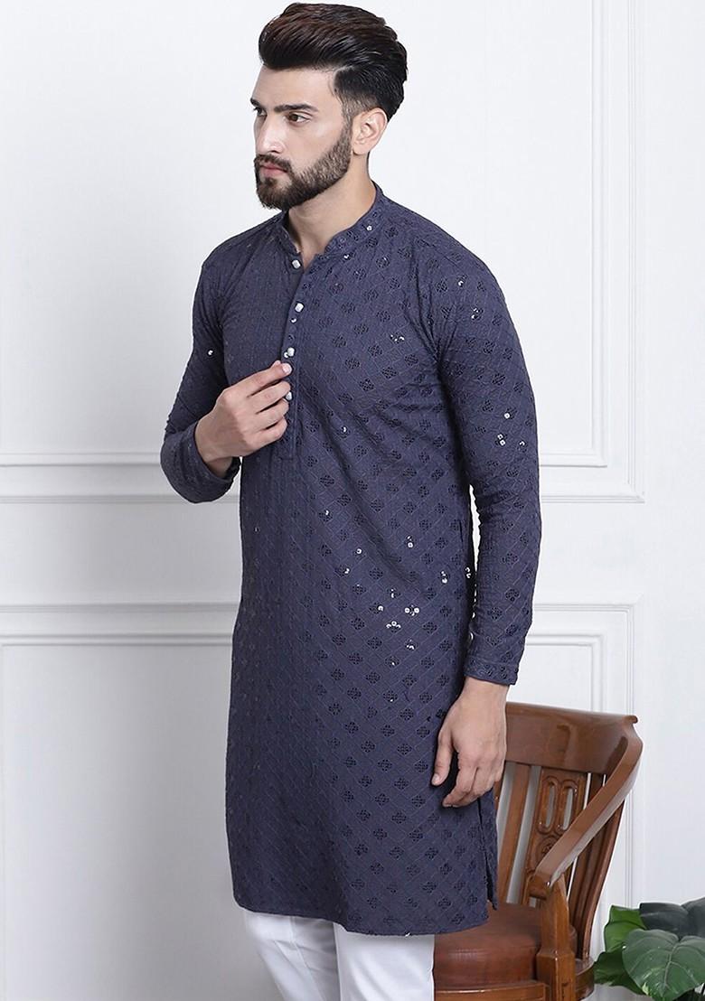 Grey Embellished Cotton Kurta For Men