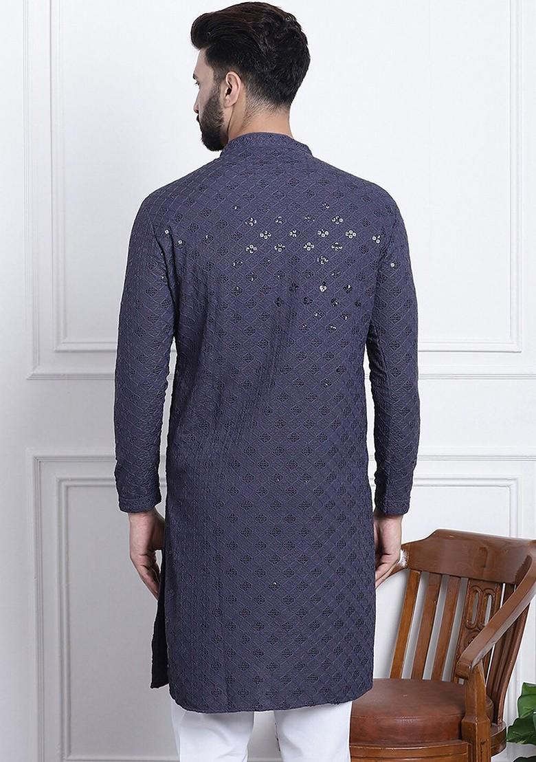 Grey Embellished Cotton Kurta For Men