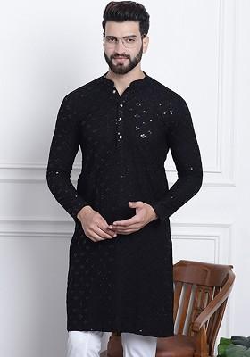 Black Embellished Cotton Kurta For Men