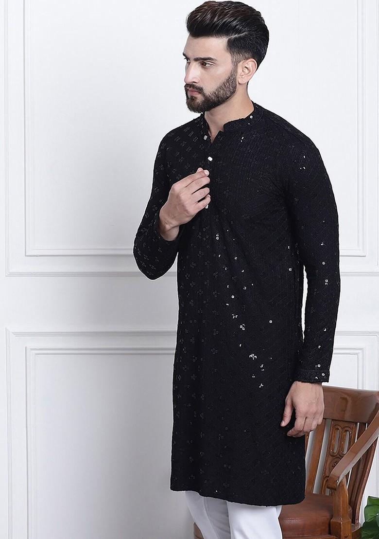 Black Embellished Cotton Kurta For Men