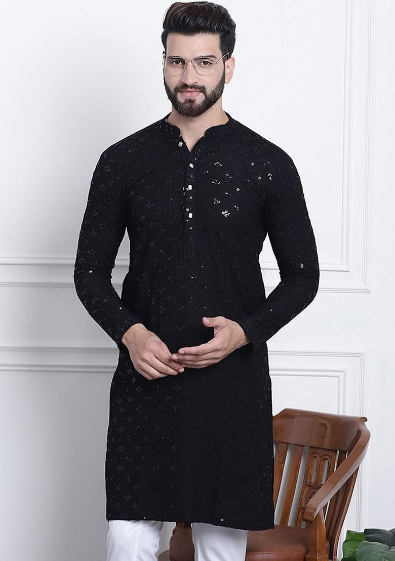 Black Embellished Cotton Kurta For Men