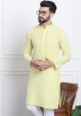 Yellow Embroidered Cotton Kurta For Men