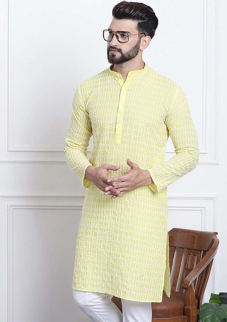 Yellow Embroidered Cotton Kurta For Men - Indya