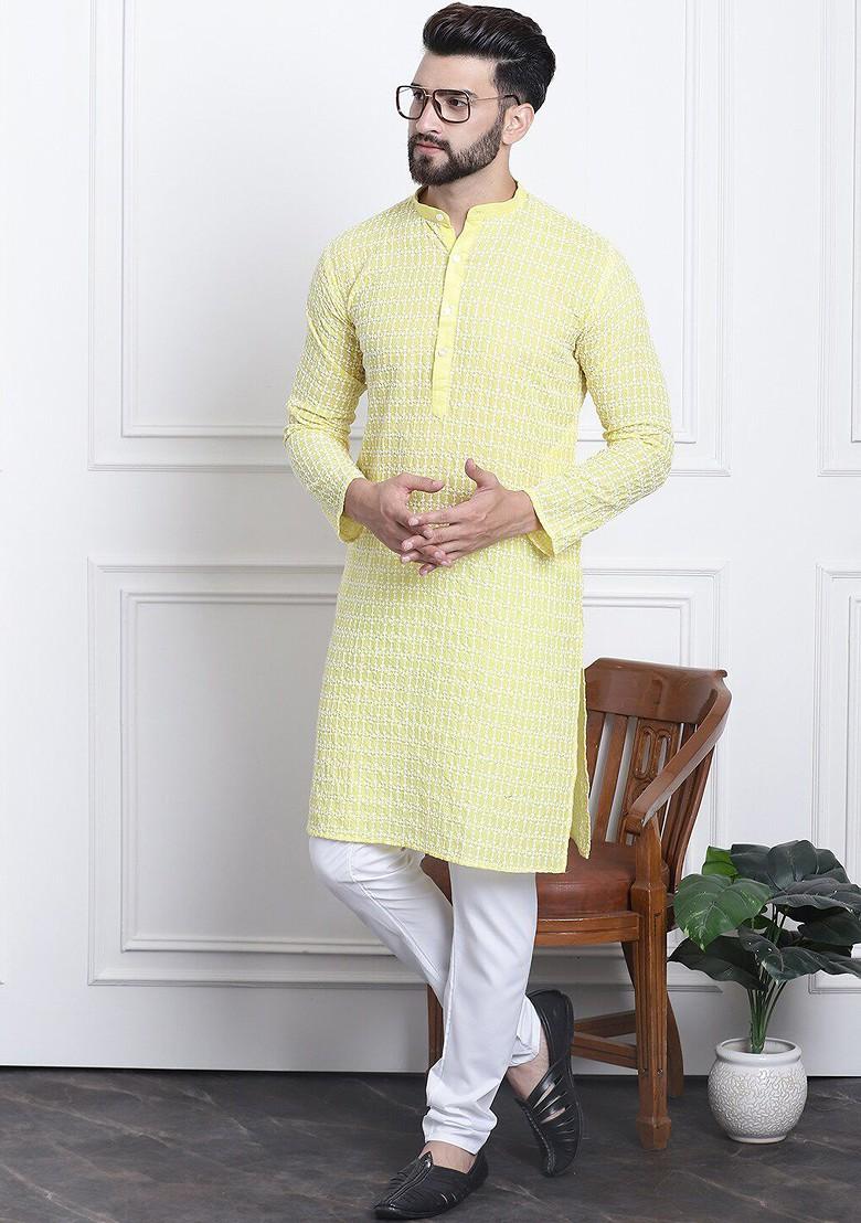 Yellow Embroidered Cotton Kurta For Men