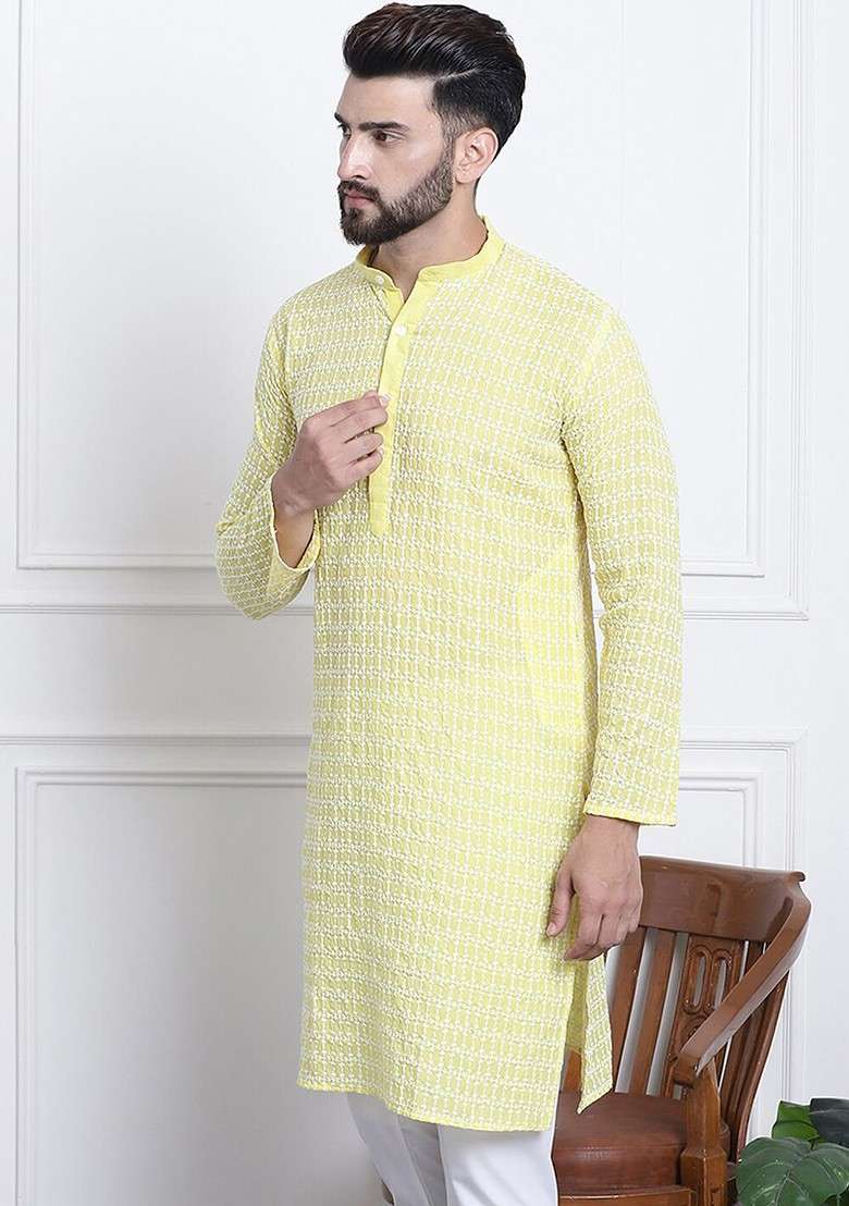 Yellow Embroidered Cotton Kurta For Men - Indya