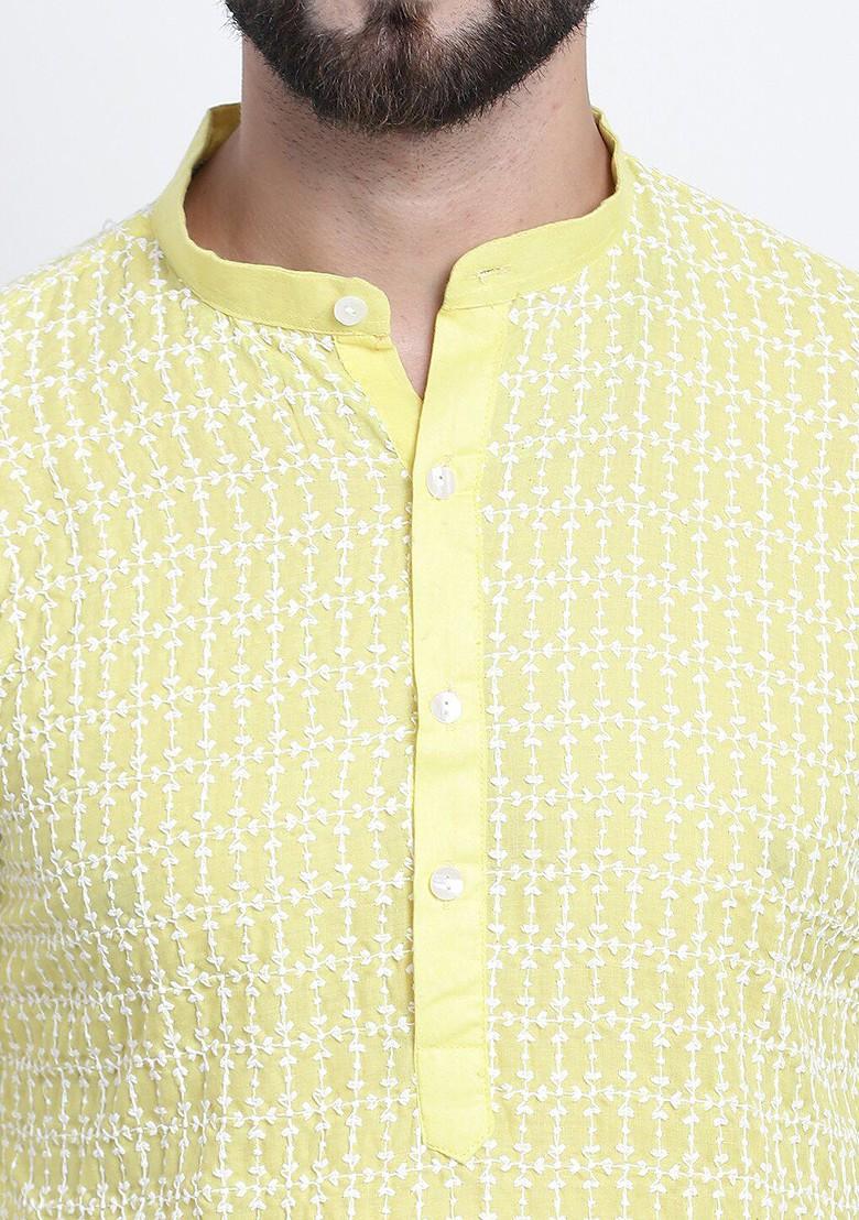 Yellow Embroidered Cotton Kurta For Men