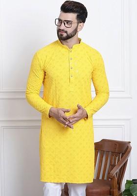 Yellow Woven Cotton Kurta For Men