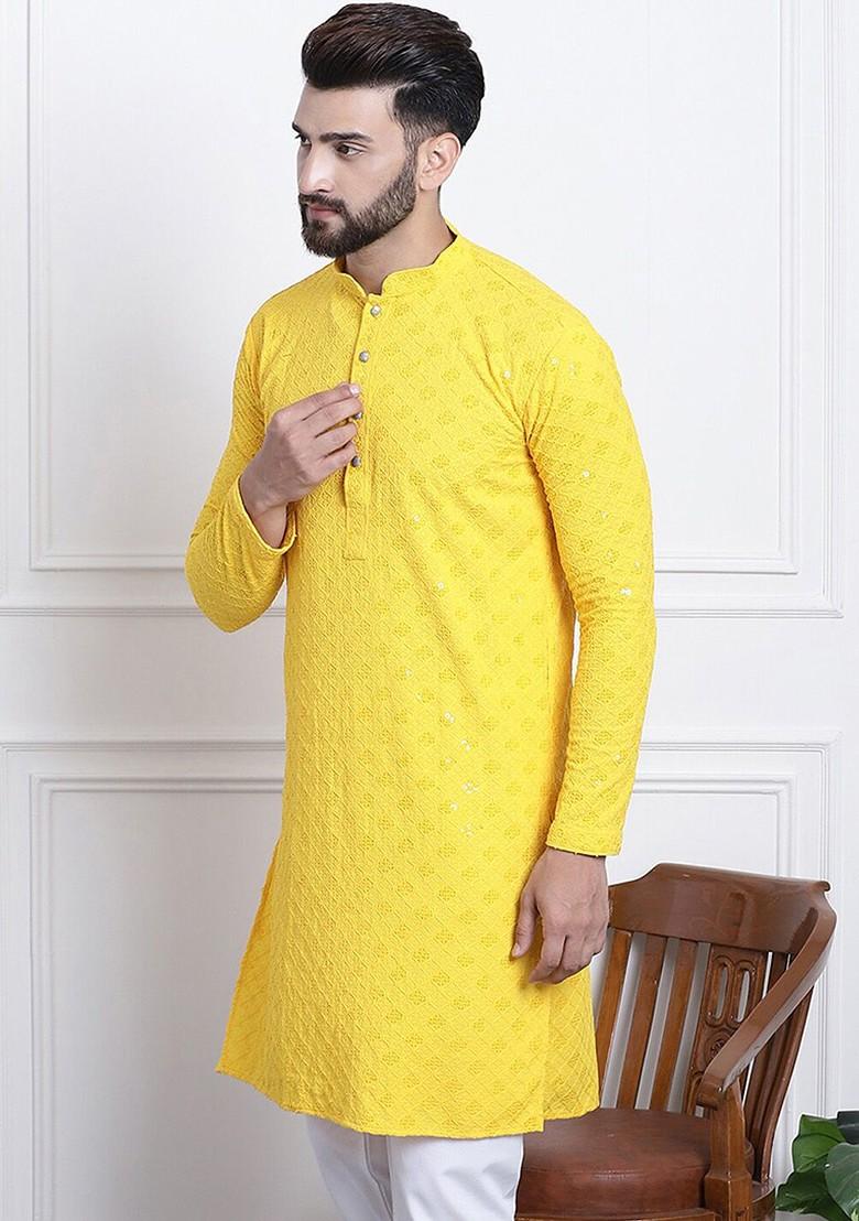 Yellow Woven Cotton Kurta For Men