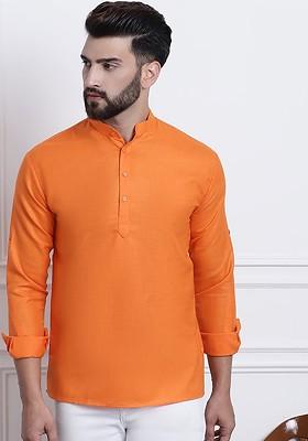 Orange Solid Poly Blend Kurta For Men