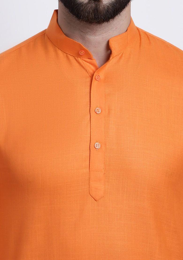 Orange Solid Poly Blend Kurta For Men