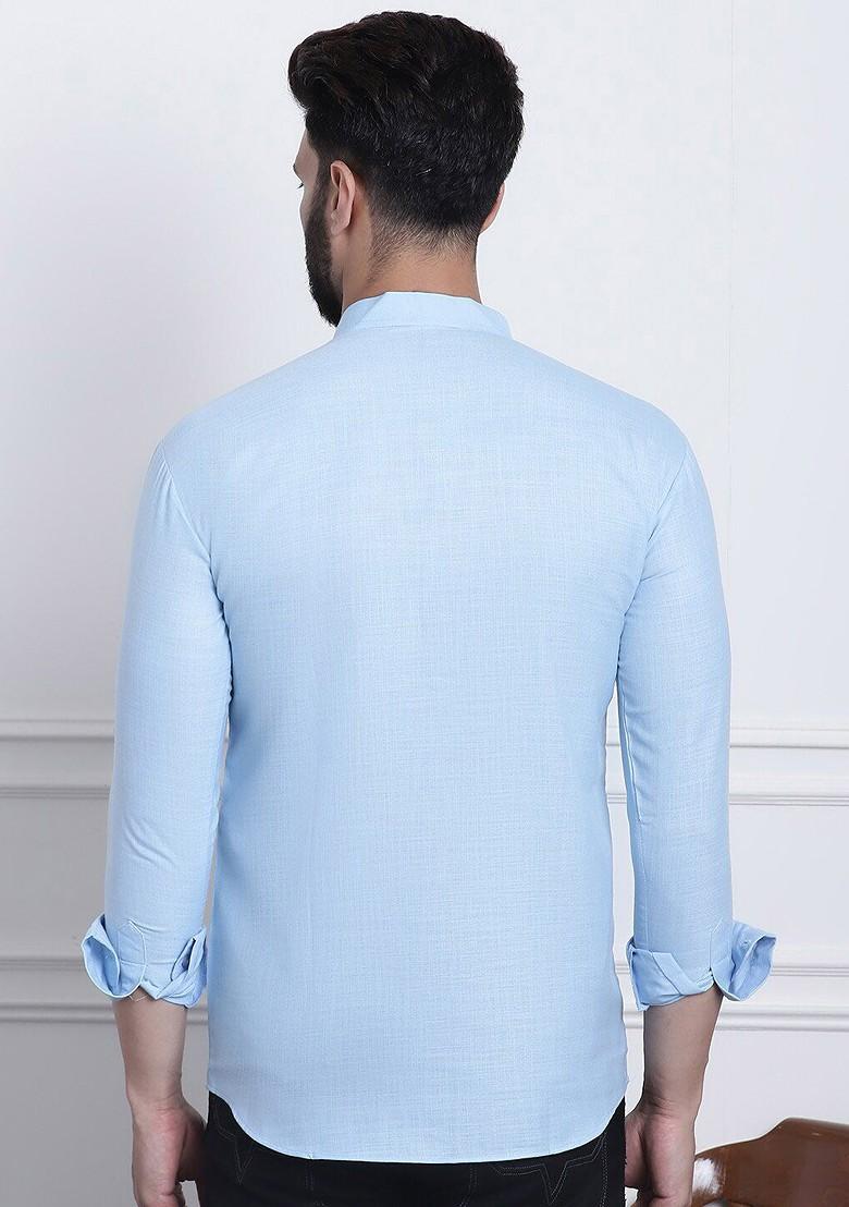 Blue Solid Poly Blend Kurta For Men