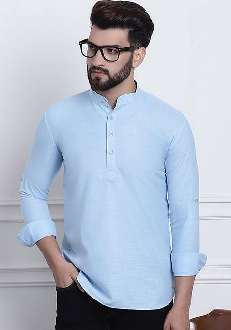 Blue Solid Poly Blend Kurta For Men