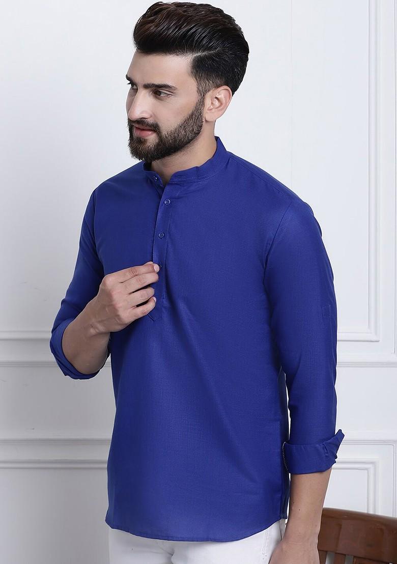 Blue Solid Poly Blend Kurta For Men