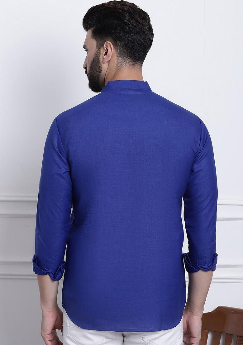 Blue Solid Poly Blend Kurta For Men