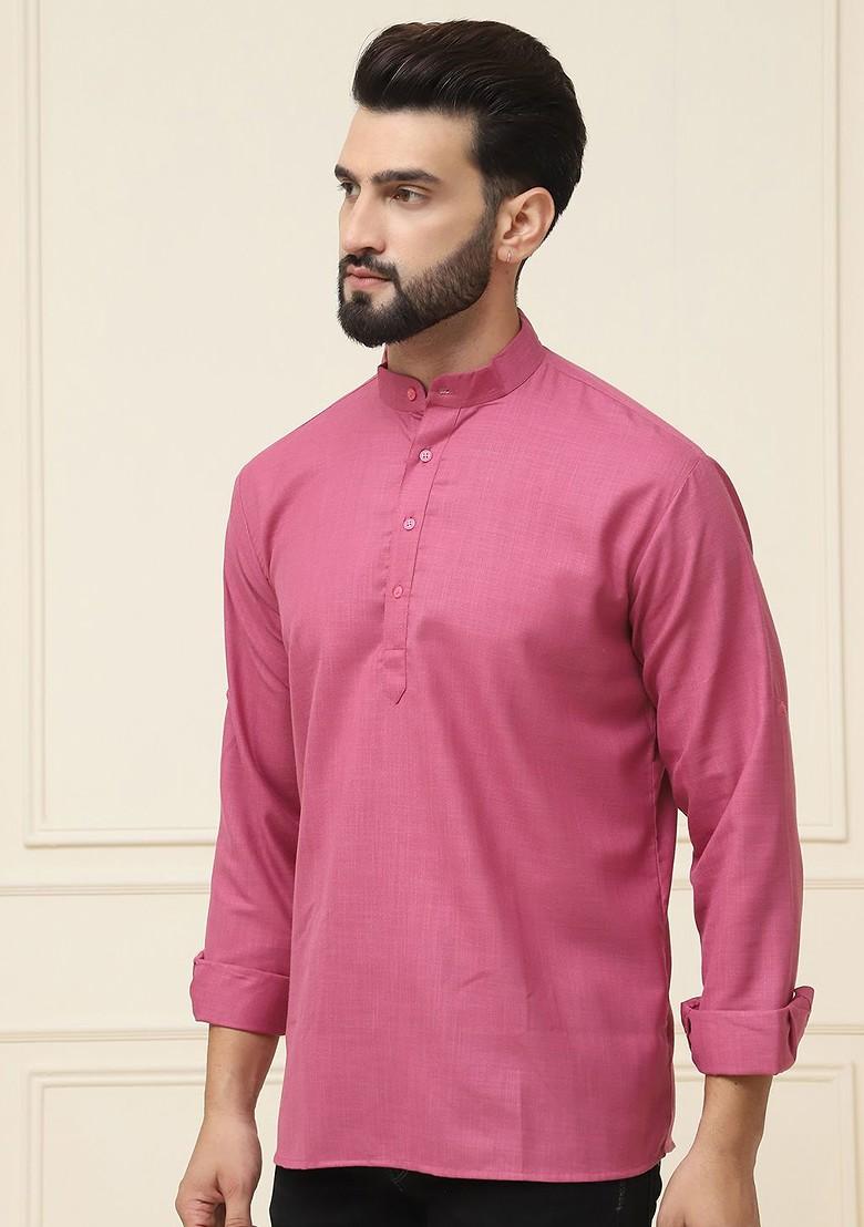Coral Pink Solid Poly Blend Kurta For Men