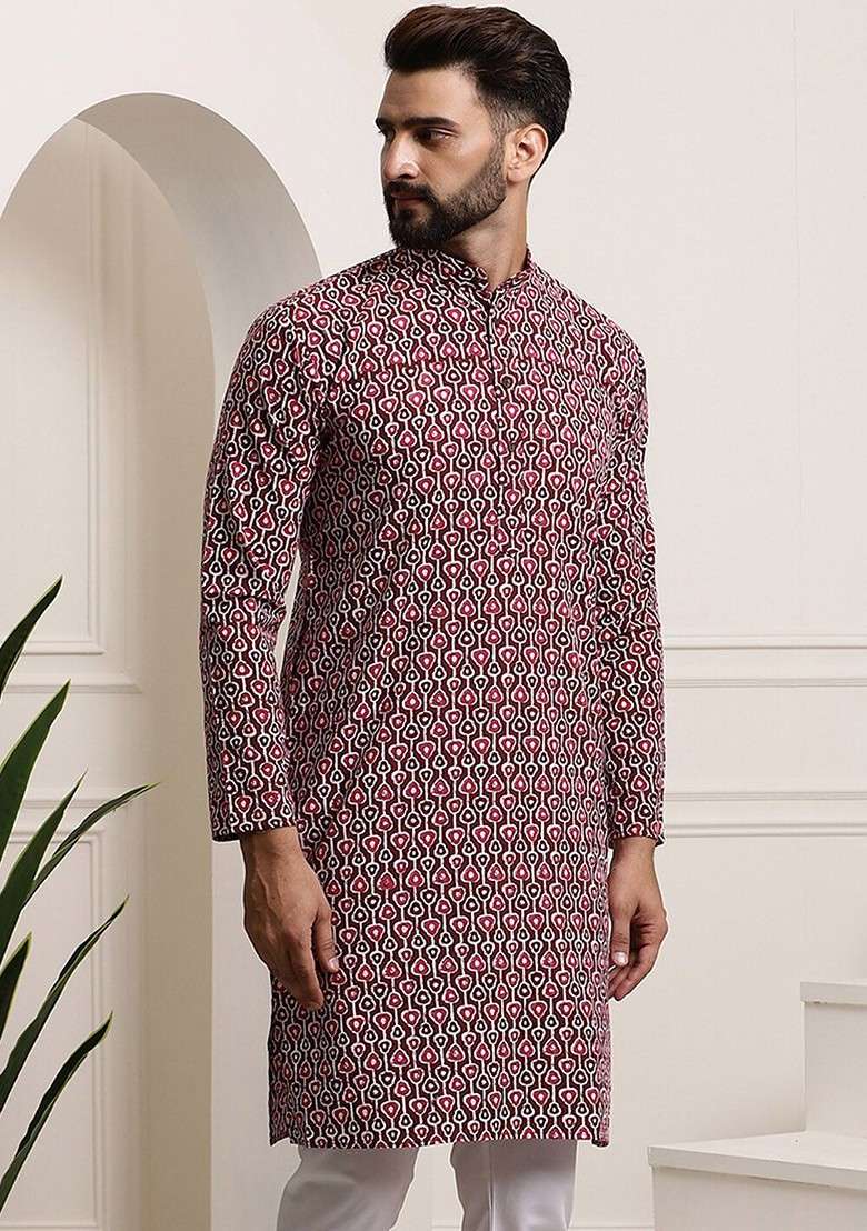 Brown Printed Cotton Kurta For Men - Indya