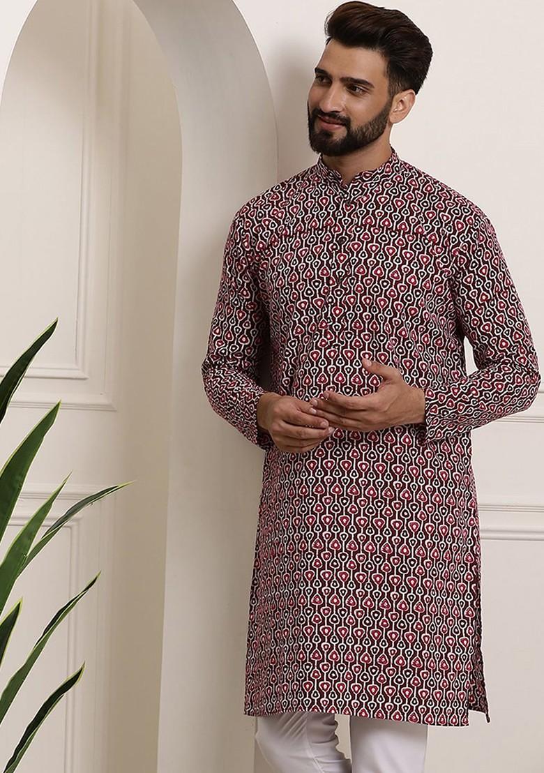 Brown Printed Cotton Kurta For Men