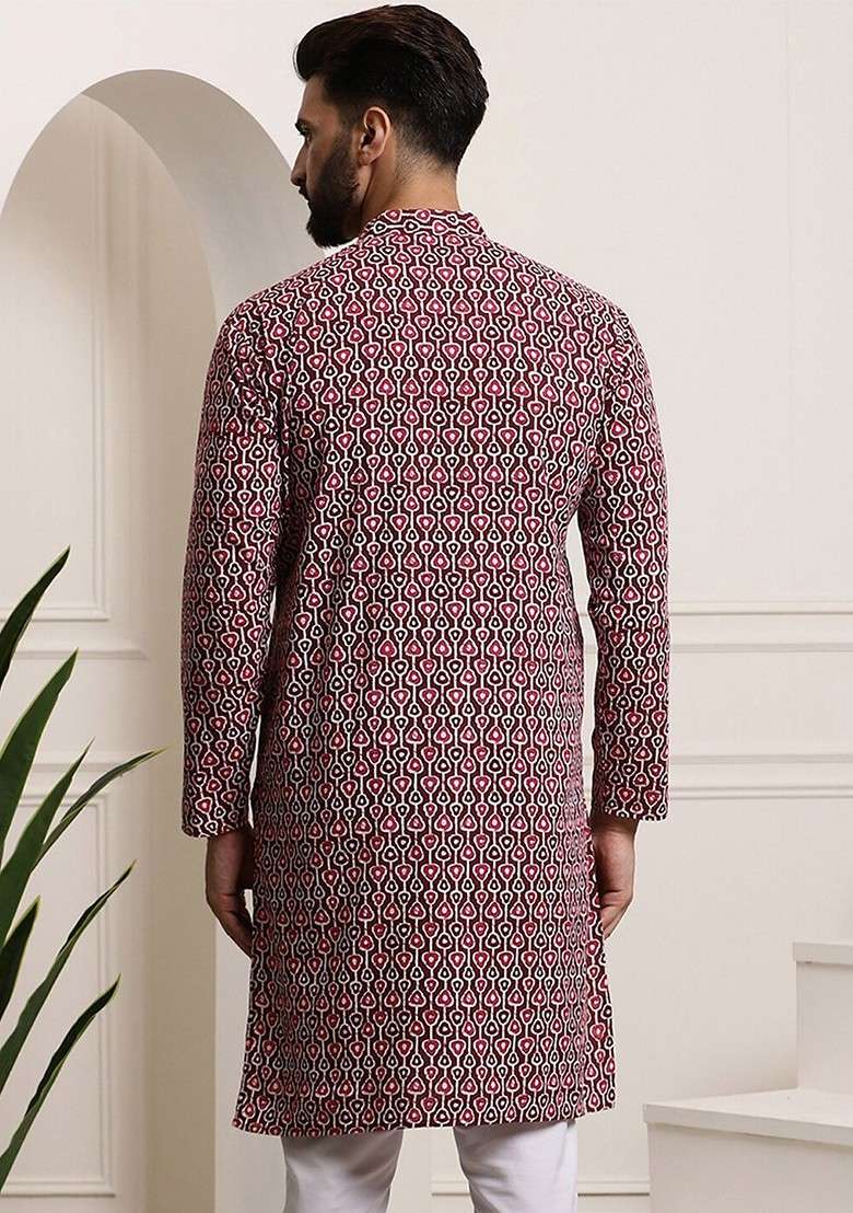 Brown Printed Cotton Kurta For Men - Indya