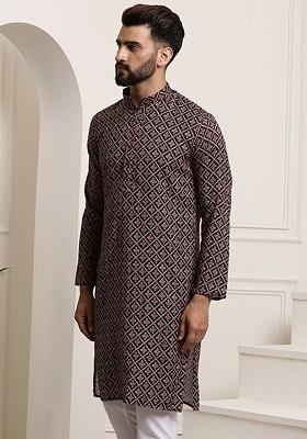 Black Printed Cotton Kurta For Men