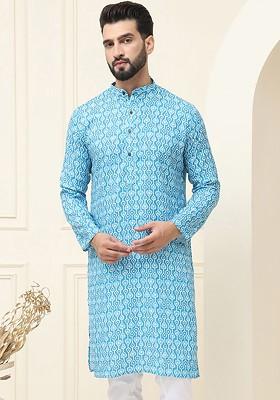 Turquoise Blue Printed Cotton Kurta For Men