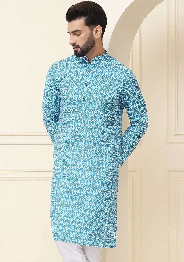 Turquoise Blue Printed Cotton Kurta For Men - Indya