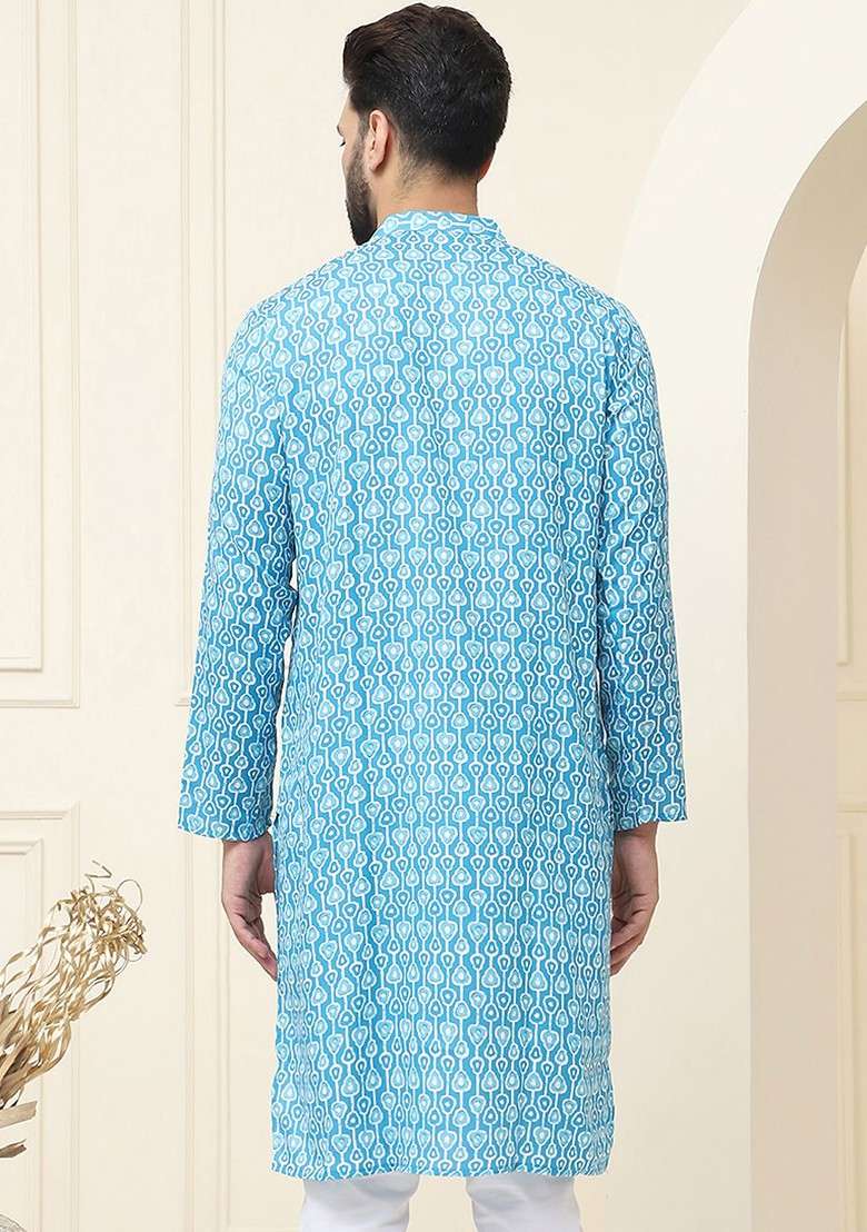 Turquoise Blue Printed Cotton Kurta For Men - Indya