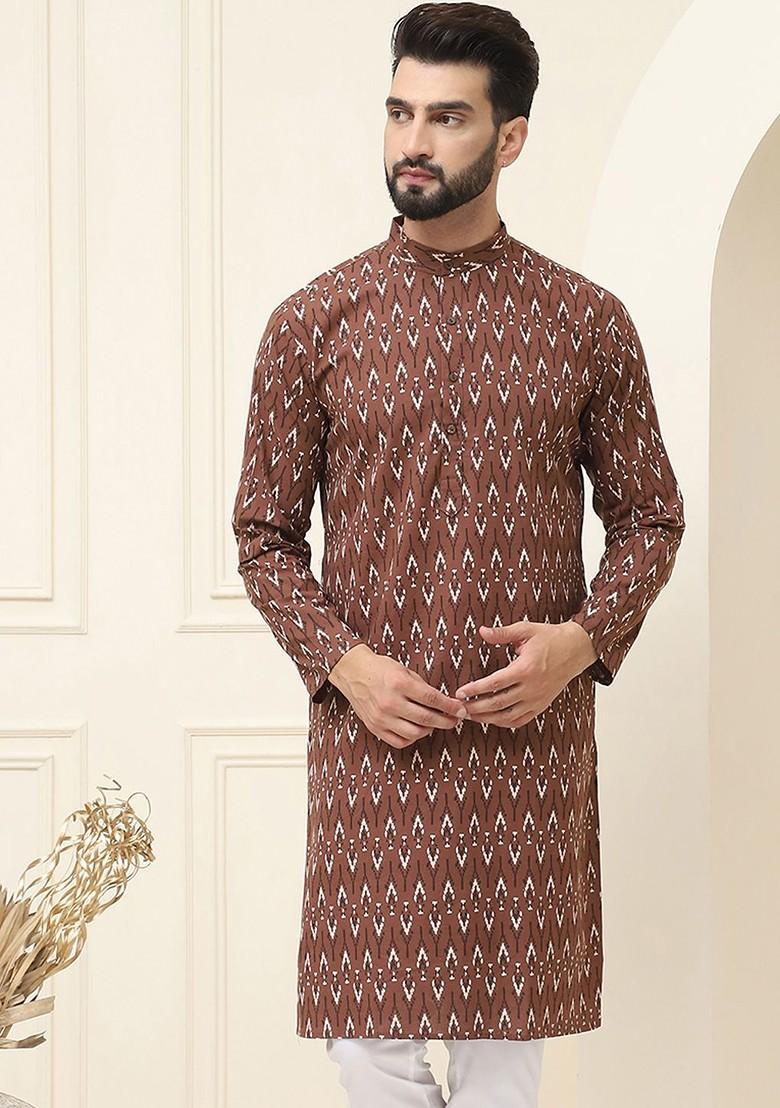 Brown Ethnic Motifs Cotton Kurta For Men