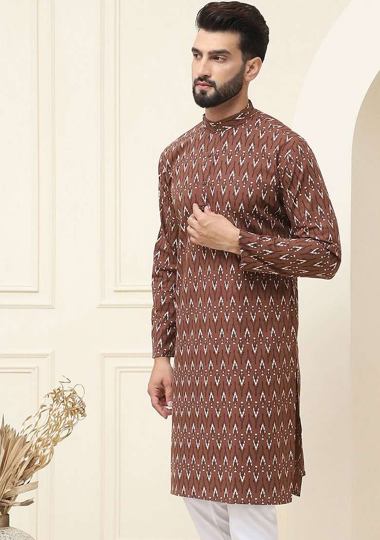 Brown Ethnic Motifs Cotton Kurta For Men - Indya