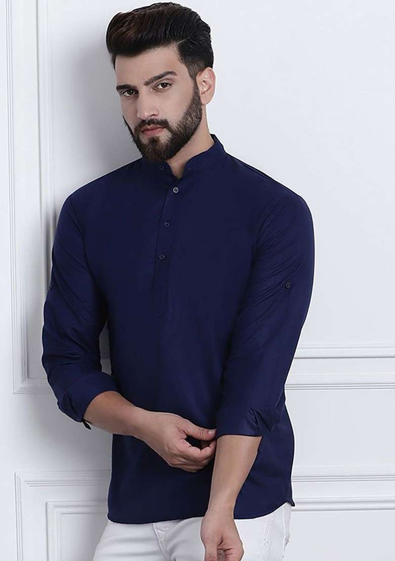 Navy Blue Solid Cotton Kurta For Men - Indya