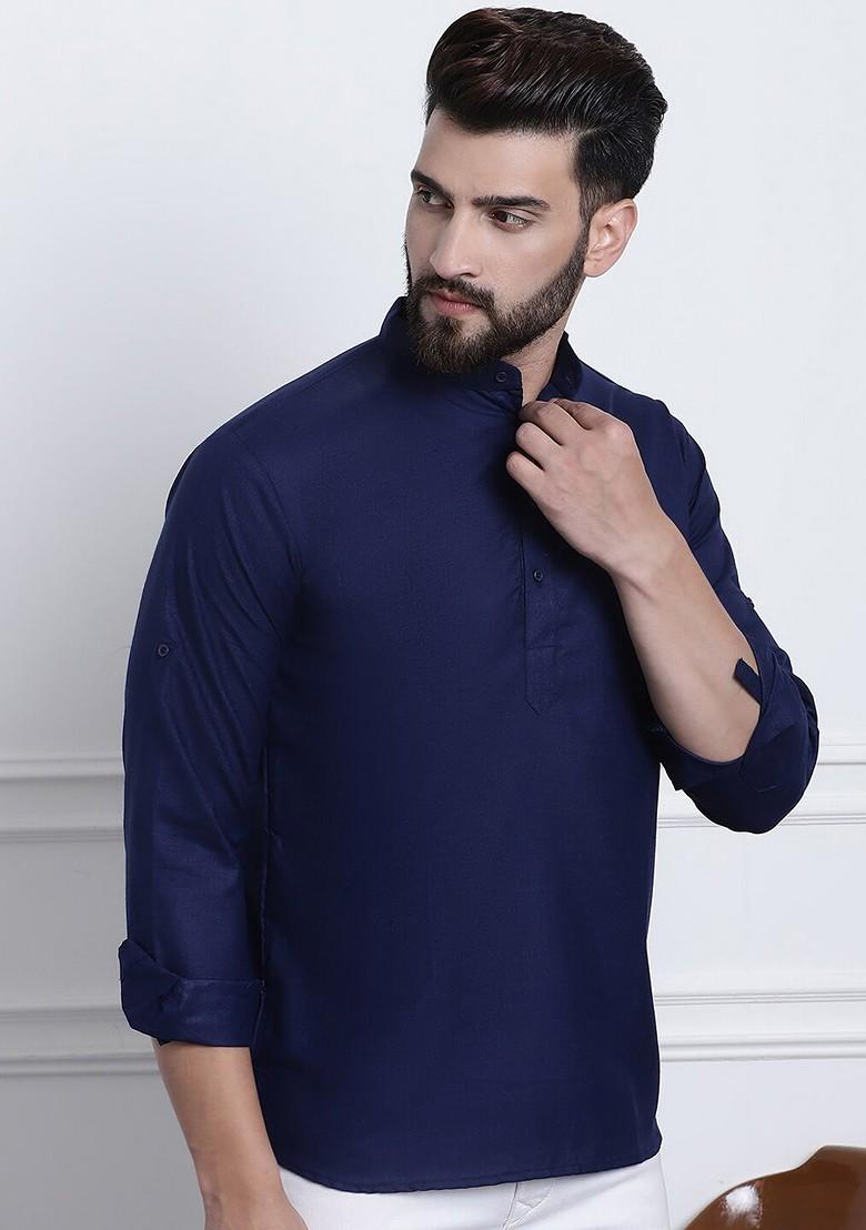 Navy Blue Solid Cotton Kurta For Men