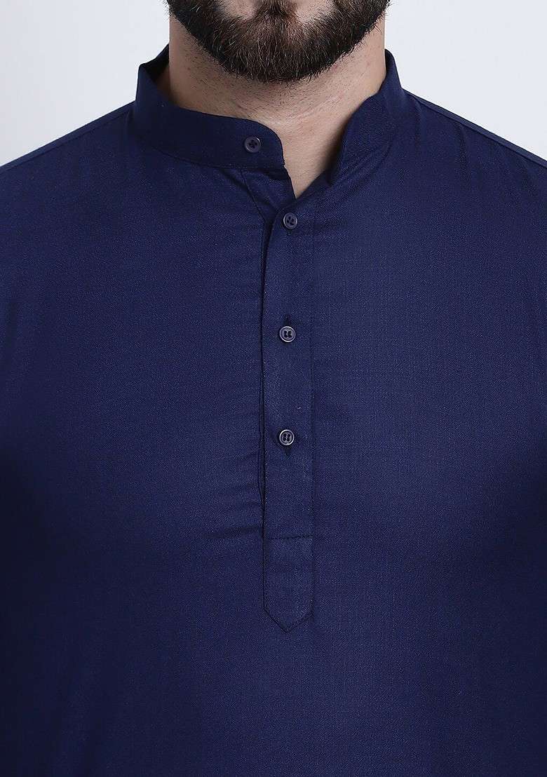 Navy Blue Solid Cotton Kurta For Men - Indya