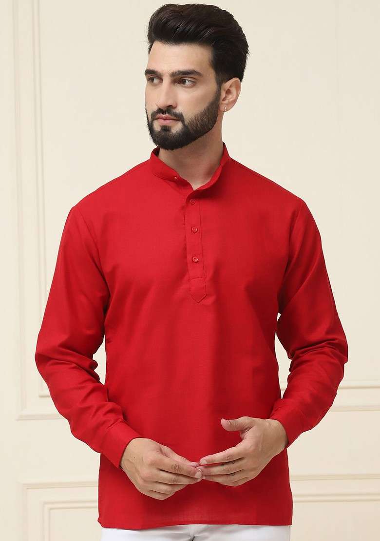 Red Solid Poly Blend Kurta For Men - Indya