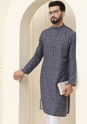 Black Ethnic Motifs Cotton Kurta For Men