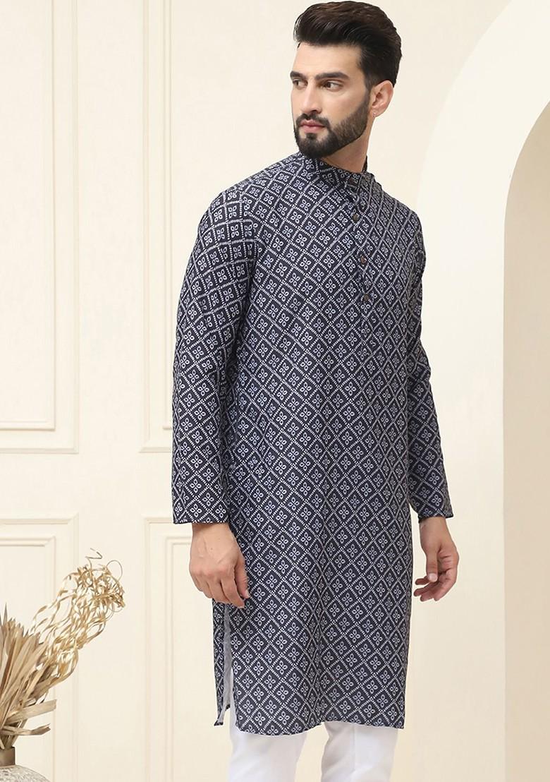 Black Ethnic Motifs Cotton Kurta For Men