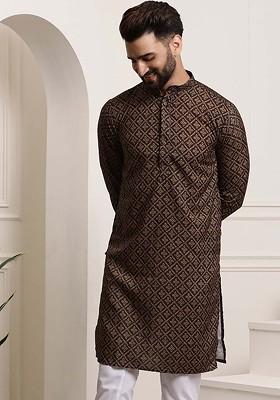 Black Ethnic Motifs Cotton Kurta For Men