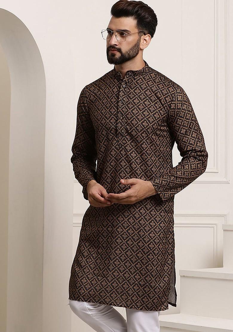 Black Ethnic Motifs Cotton Kurta For Men