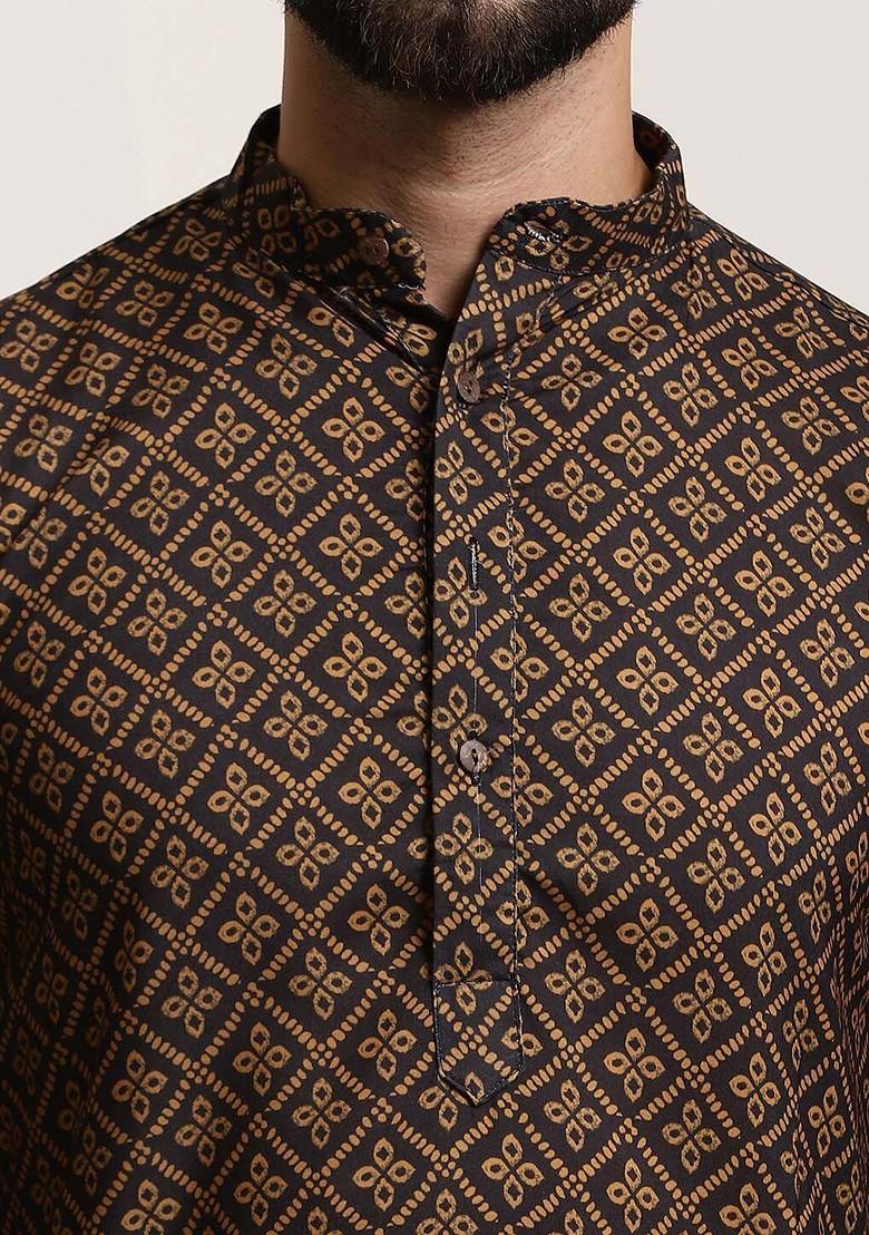 Black Ethnic Motifs Cotton Kurta For Men
