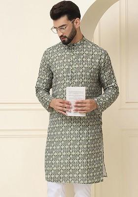 Green Printed Cotton Kurta For Men