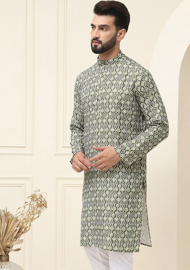 Green Printed Cotton Kurta For Men