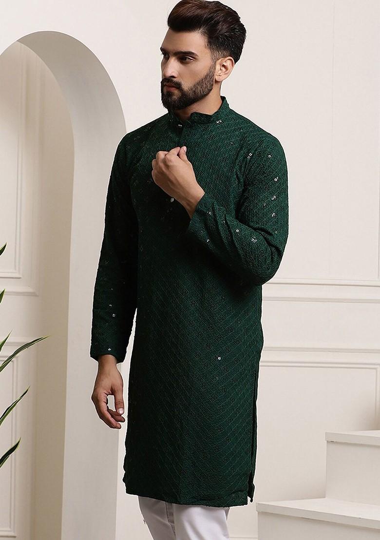 Green Embellished Cotton Kurta For Men