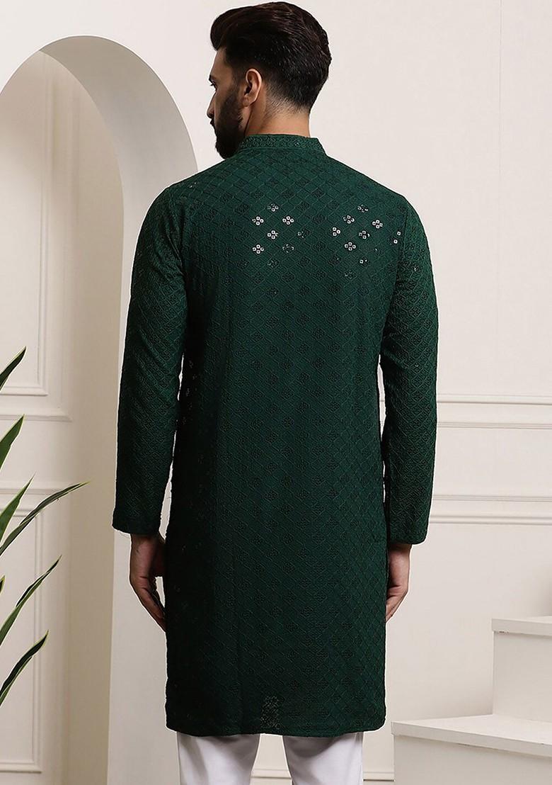 Green Embellished Cotton Kurta For Men