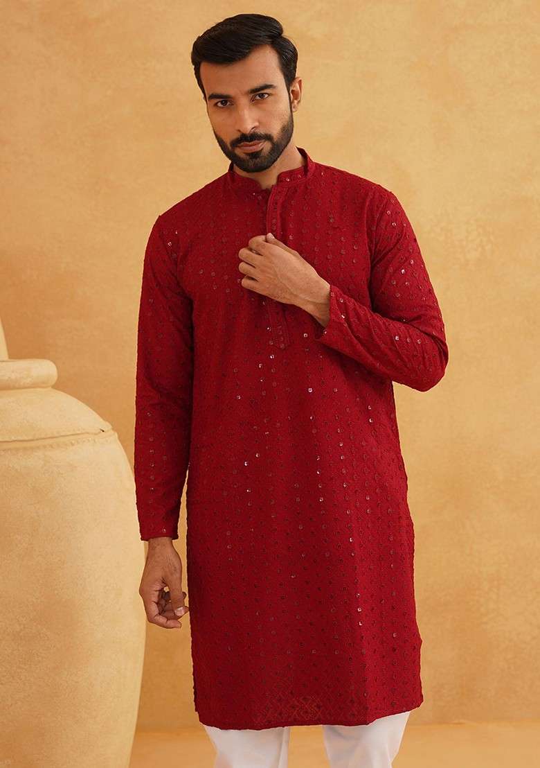 Maroon Embroidered Cotton Kurta For Men - Indya
